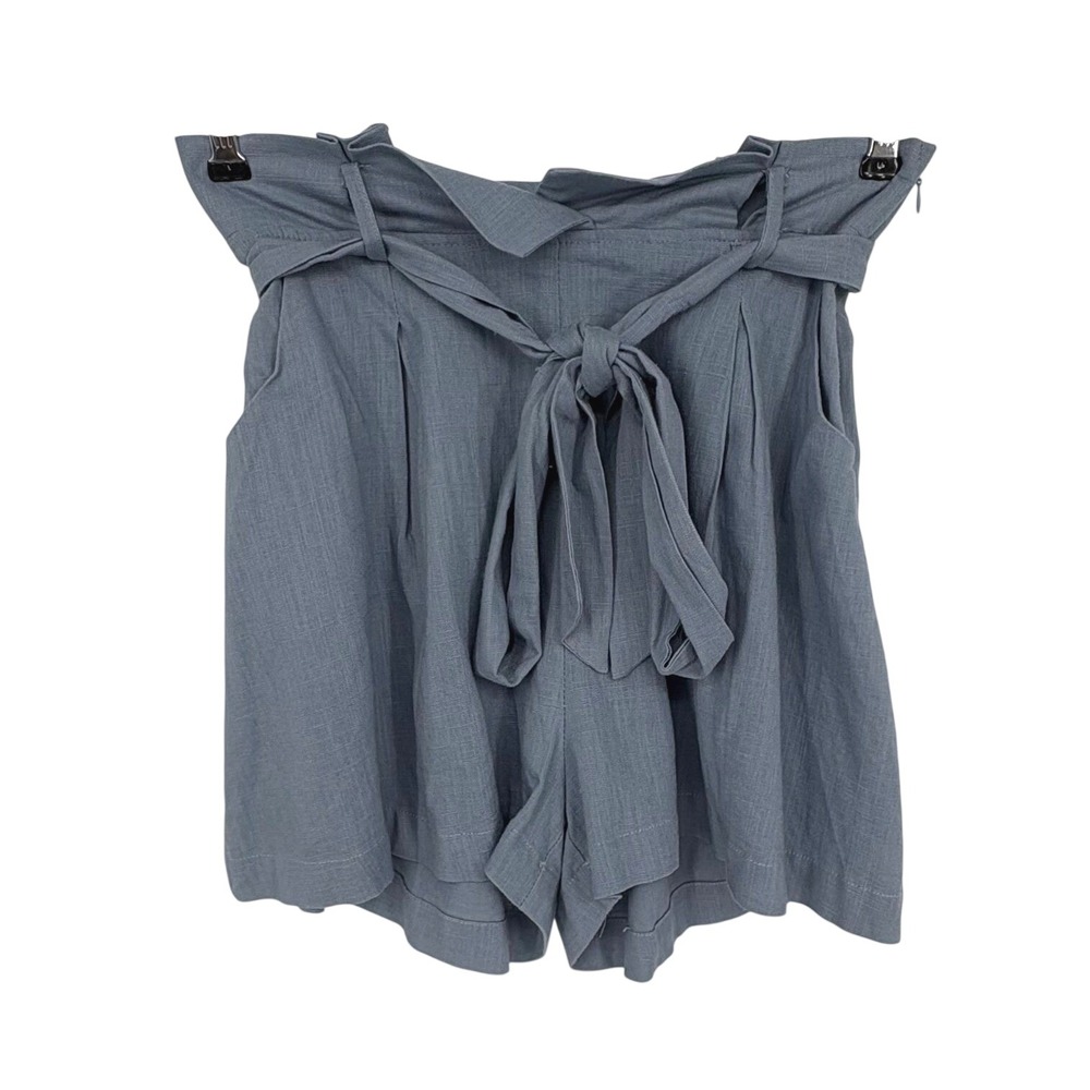 Blue Linen Blend Paperbag Shorts Womens Medium High Waist Coastal Boho Chic